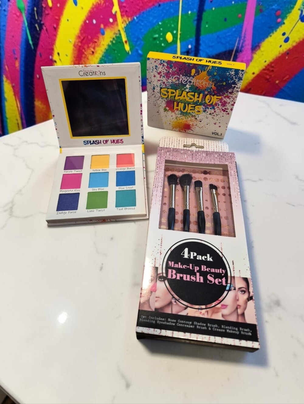Beauty Creations Splash of Hues Eyeshadow Palette and 4-Pack Makeup Brush Set